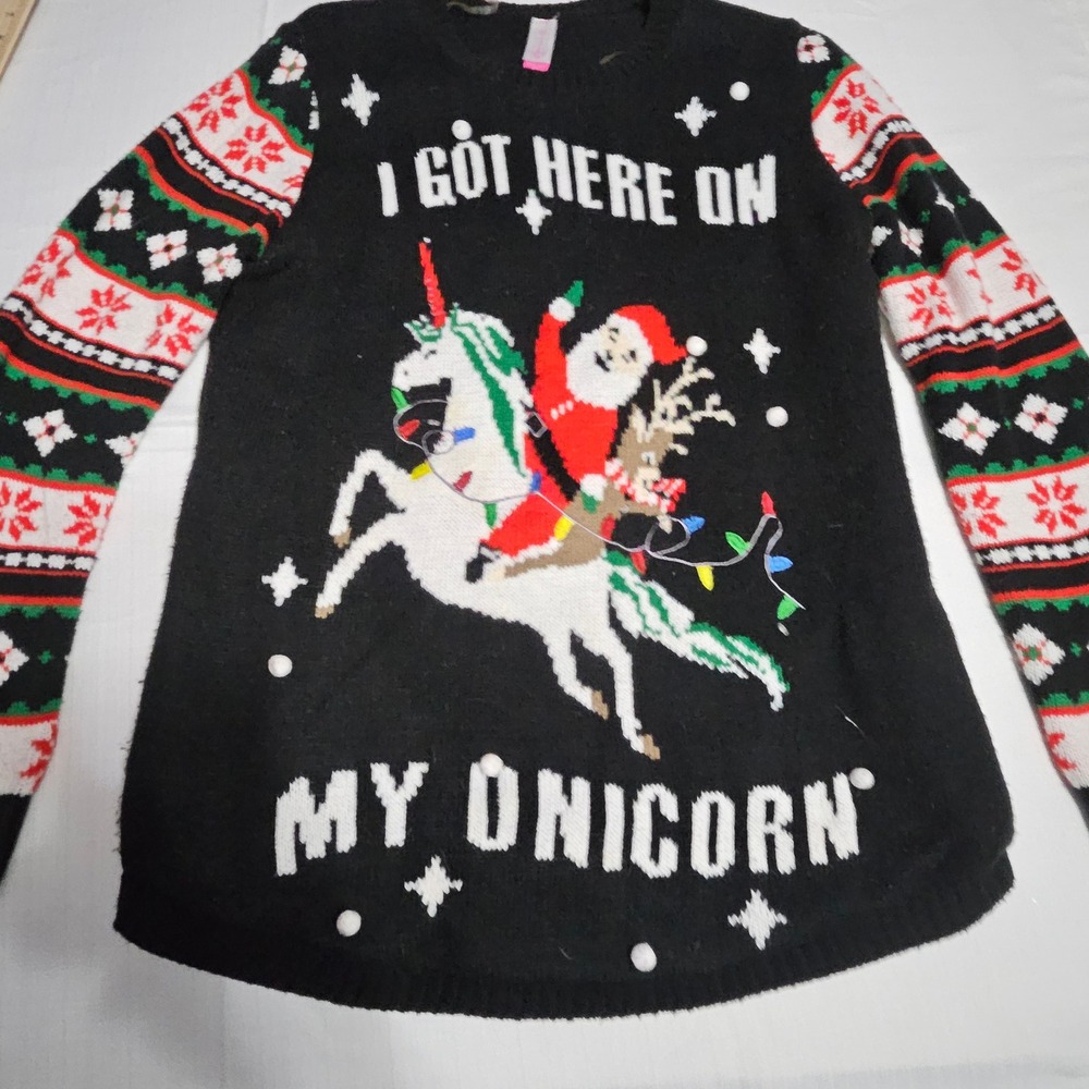 No‎ Boundaries Black Ugly Christmas Sweater Santa Riding Unicorn Youth XXXL 3XL
